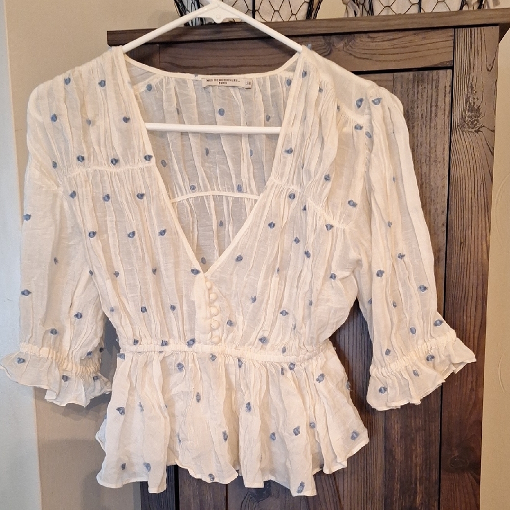 White and Blue Embroidered Women's Top